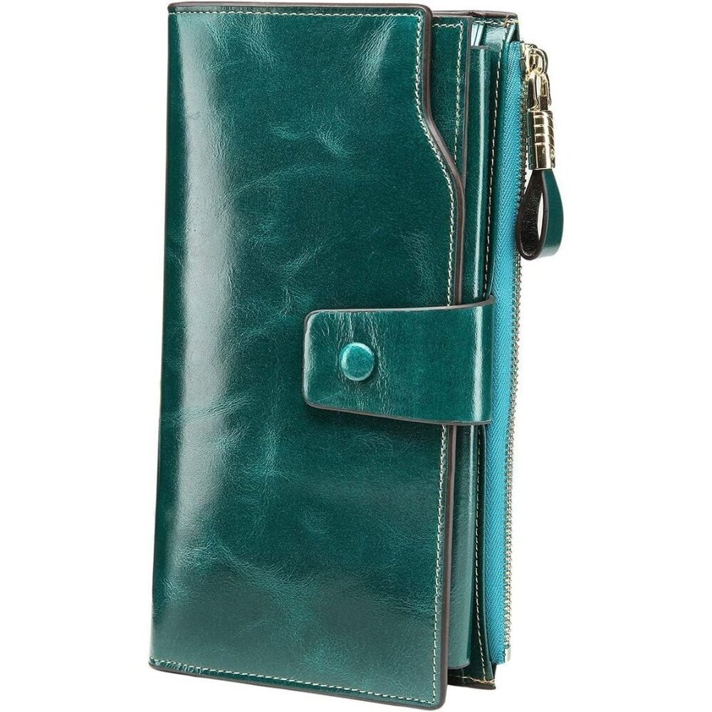 Women's RFID Blocking Large Capacity Luxury Wax Genuine Leather Clutch Wallet La
